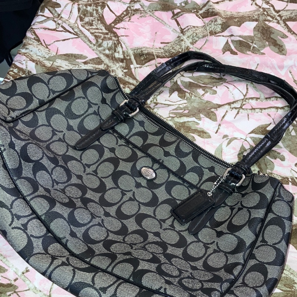 Coach Large  Black and Gray Signature Canvas Shoulder Bag